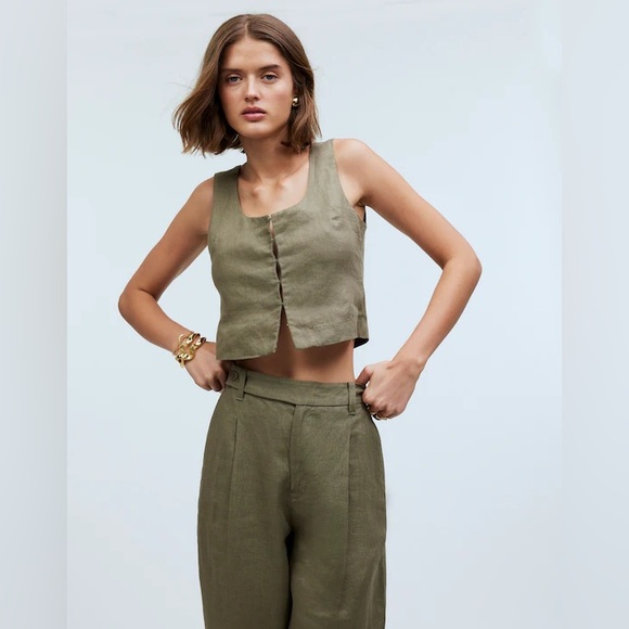NWOT Madewell The Harlow Wide Leg Olive Green Pant in 100% Linen Size 00 - Picture 5 of 14